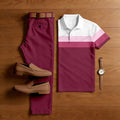 Men's Casual Hot Pink & White Color Matching Striped Printed Short Sleeved Polo Shirt & Trousers Two-Piece Set 202091