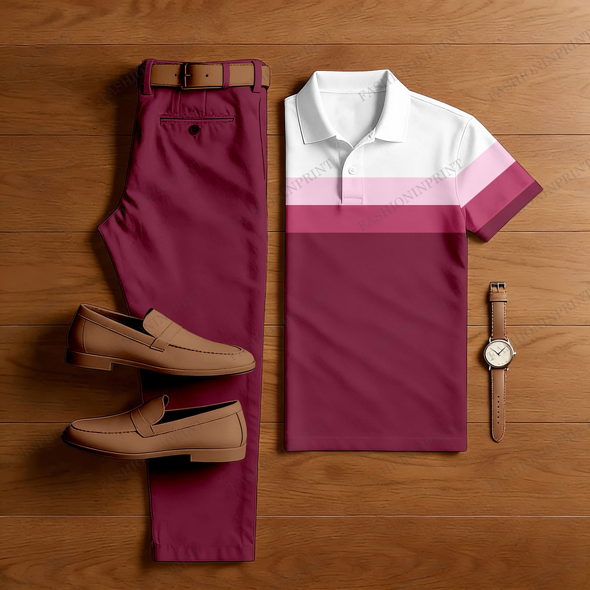 Men's Casual Hot Pink & White Color Matching Striped Printed Short Sleeved Polo Shirt & Trousers Two-Piece Set 202091