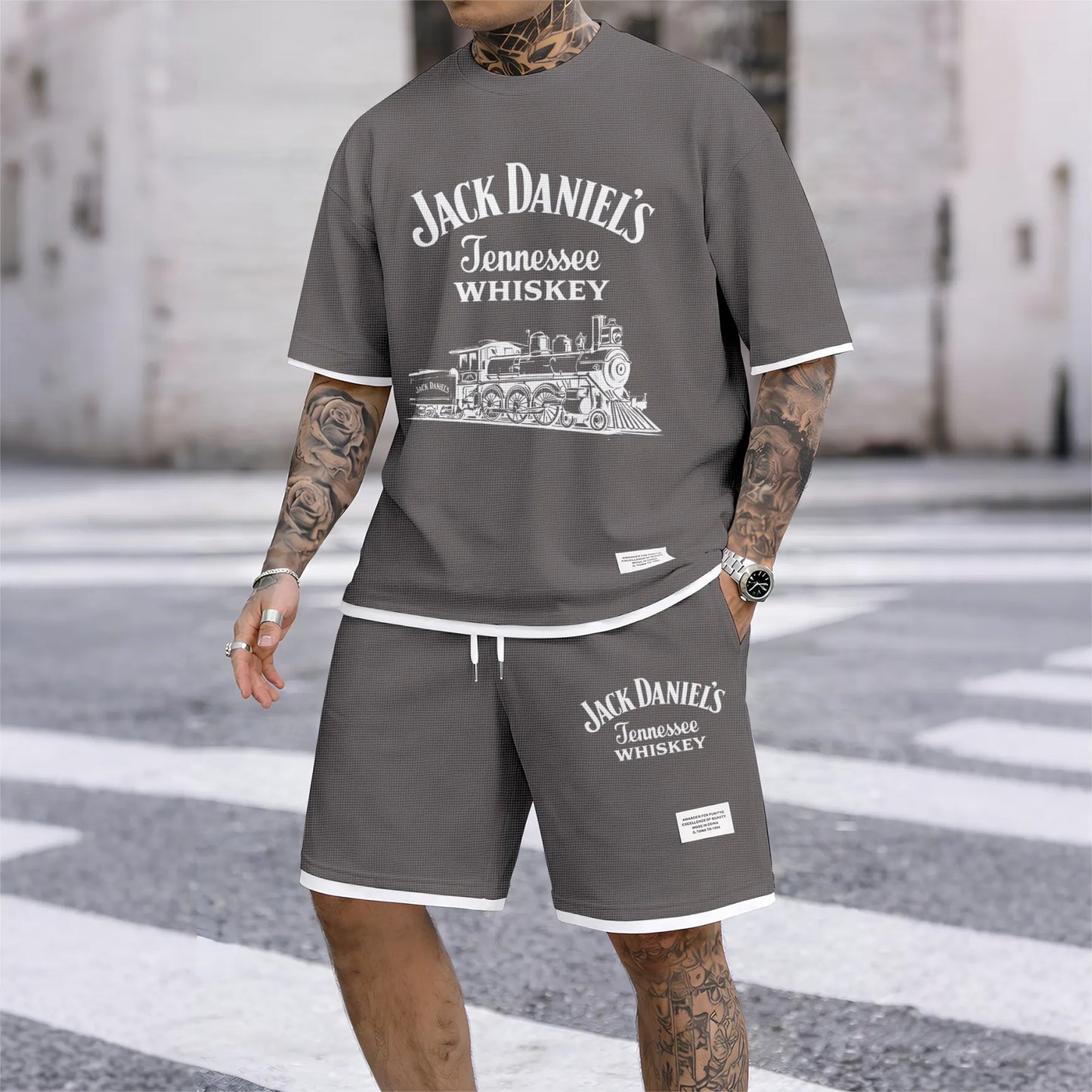 Men's Beer Print Drawstring Shorts Set, Suitable For Spring And Summer Wear, Casual Summer Set, Including Short-Sleeved Shirt And Shorts, Suitable For Everyday Wear And Sports.