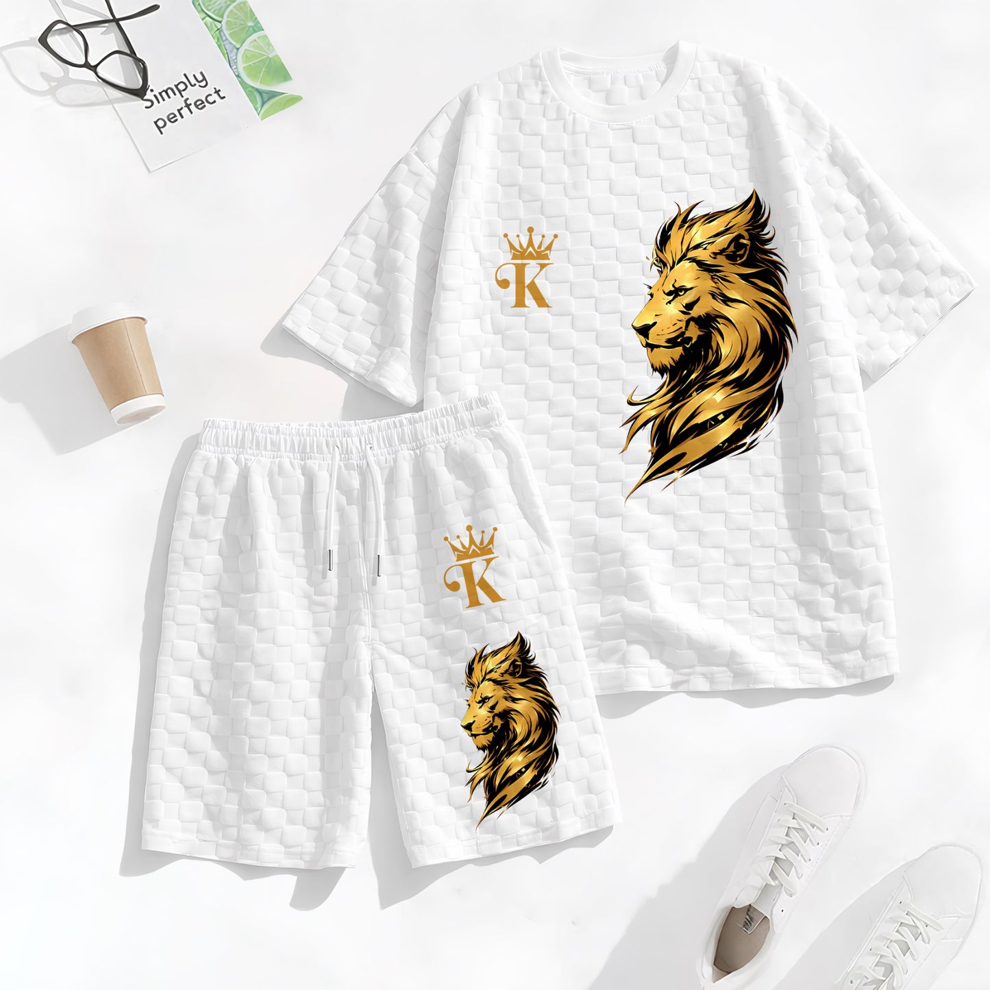 Men's KING Print Spring And Summer Drawstring Shorts Set, A Casual Summer Outfit, Including A Short-Sleeved Shirt And Shorts, Suitable For Everyday Wear And Sports Activities.