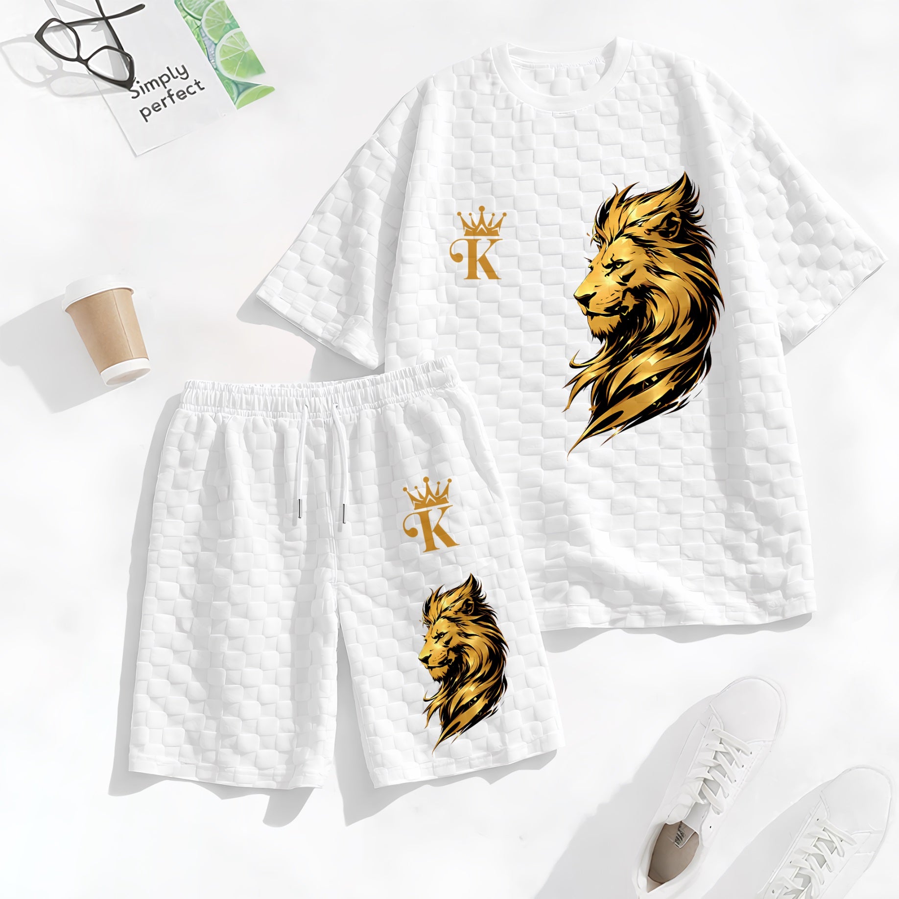 Men's KING Print Spring And Summer Drawstring Shorts Set, A Casual Summer Outfit, Including A Short-Sleeved Shirt And Shorts, Suitable For Everyday Wear And Sports Activities.