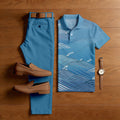 Men's Casual Blue Art Printed Polo Shirt And Trousers Two-Piece Set