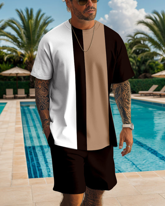 Men's casual color block printed shorts Set 513