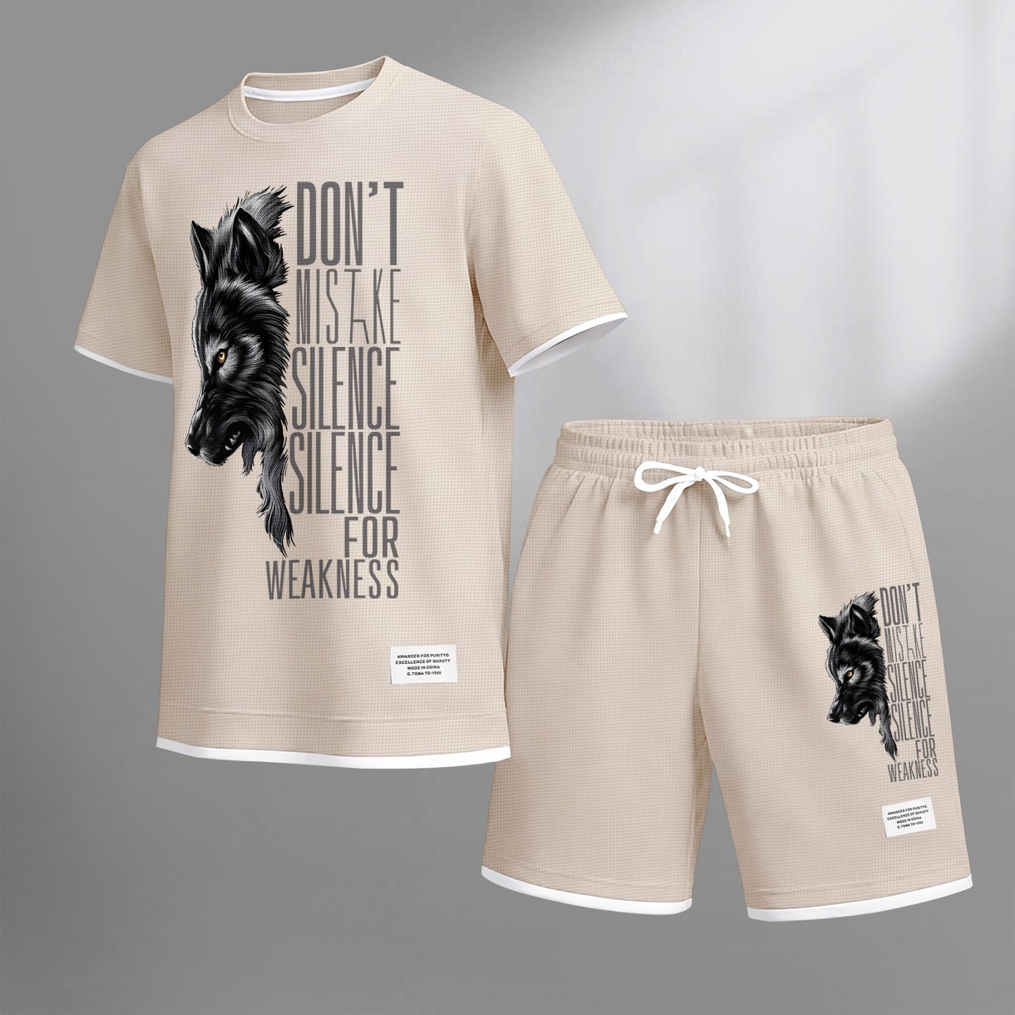 Men's Howling Wolf & "Don't Mistake Silence For Weakness" Quote Graphic Print Waffle Short Sleeve T-Shirt & Shorts Set, Summer Lightweight Casual Sporty Two-Piece Outfit
