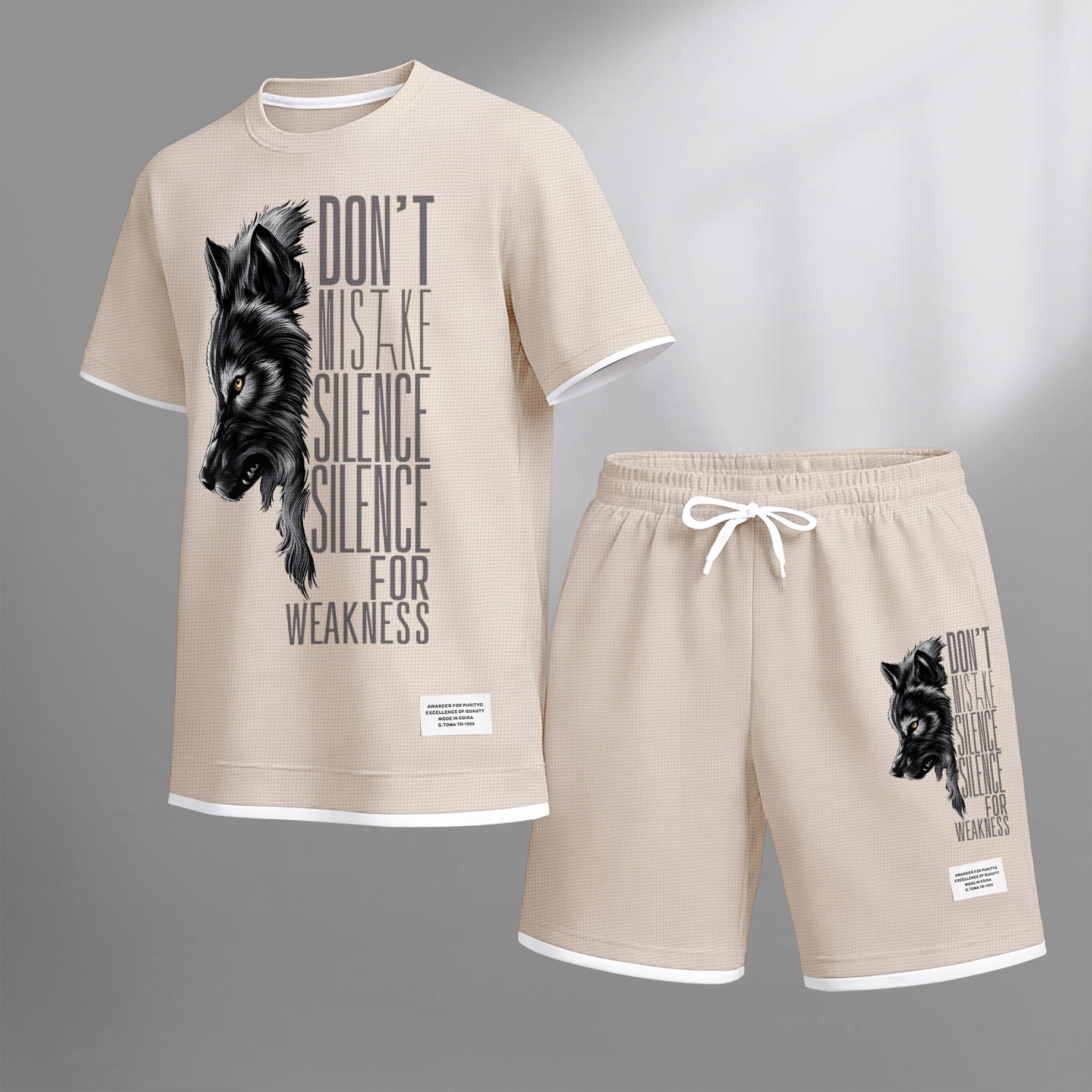 Men's Howling Wolf & "Don't Mistake Silence For Weakness" Quote Graphic Print Waffle Short Sleeve T-Shirt & Shorts Set, Summer Lightweight Casual Sporty Two-Piece Outfit