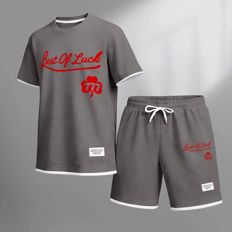 Men's Casual Style 777 Print Waffle Fabric Short-Sleeved Shirt And Shorts Set