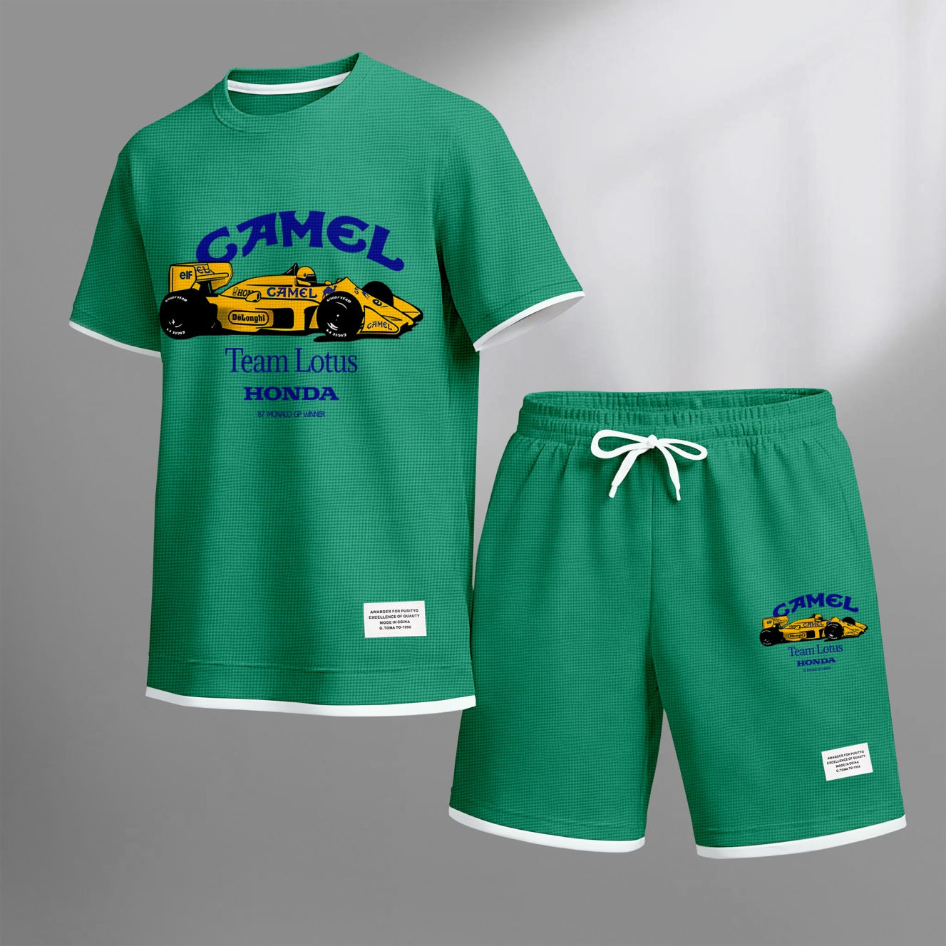 Men's Classic Racing Print Waffle Fabric Short-Sleeved Shirt And Shorts Set