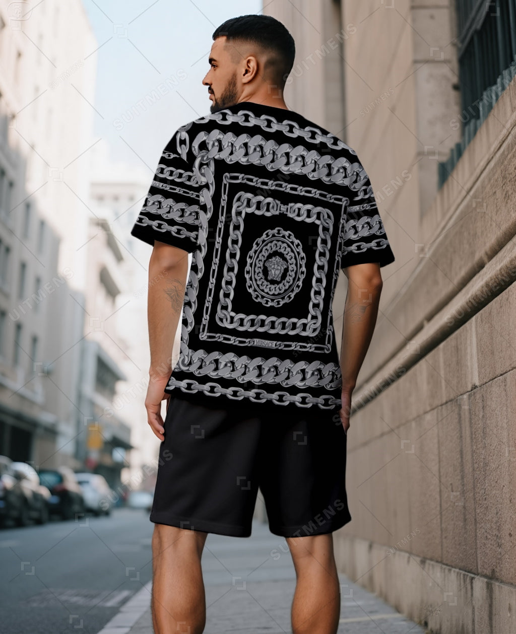 Men's Summer Colorblock Printed Round Neck Suit 045