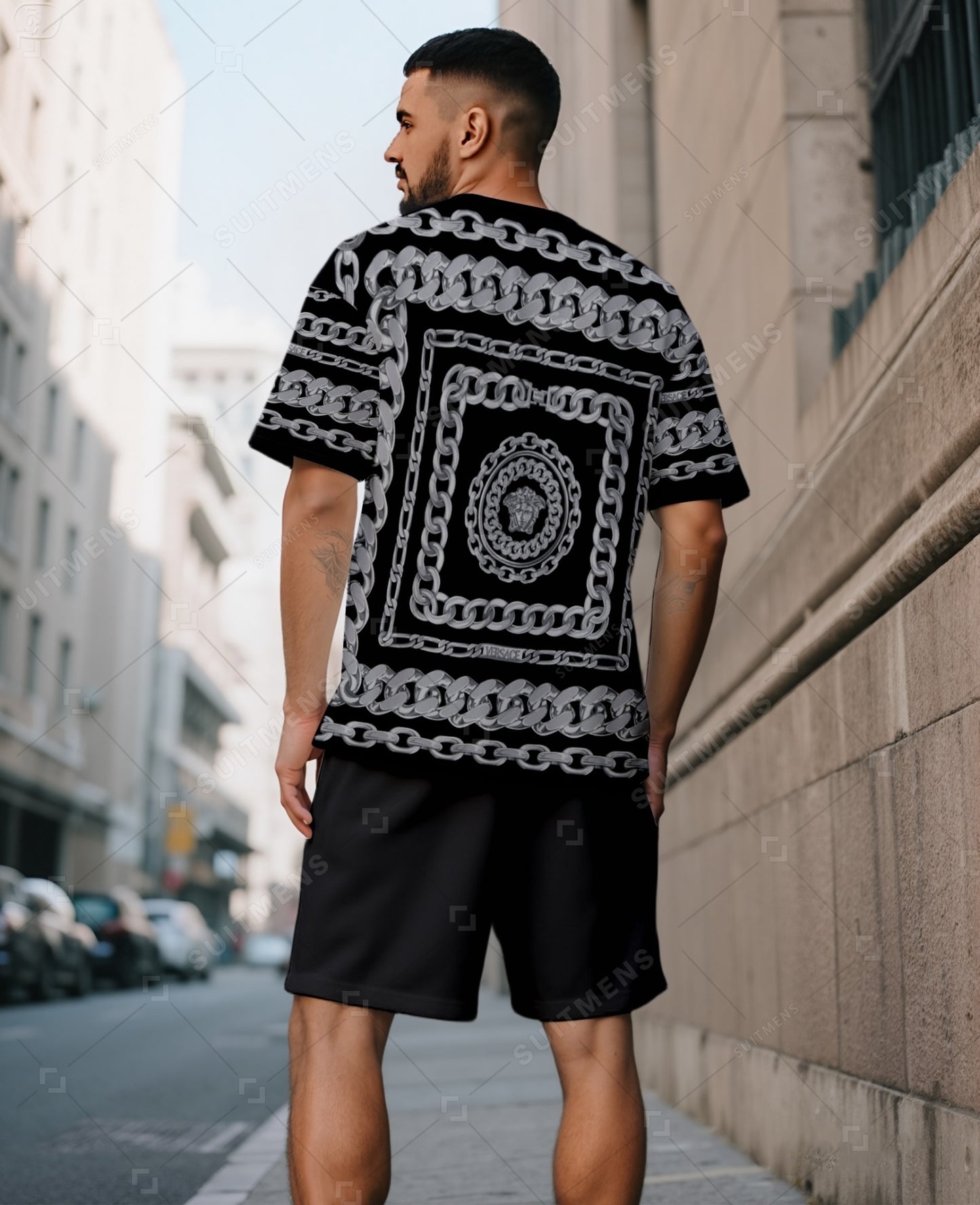 Men's Summer Colorblock Printed Round Neck Suit 045