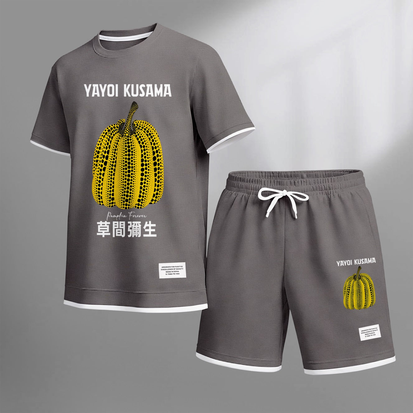 Men's Polka-Dot Pumpkin Print Waffle Fabric Short-Sleeved Shirt And Shorts Set 02