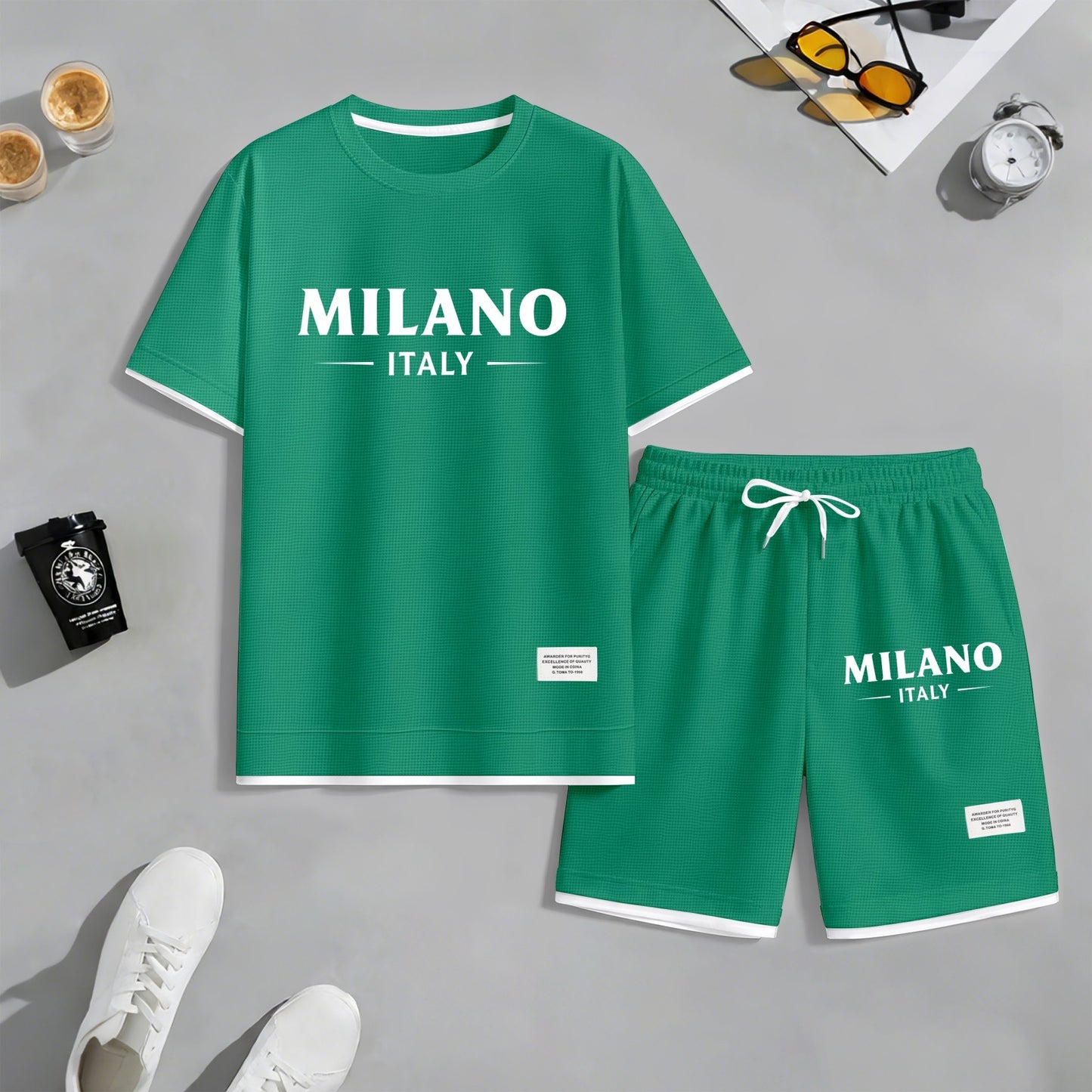 Men's Milan print drawstring shorts set for spring/summer, a casual summer outfit including a short-sleeved shirt and shorts, suitable for everyday wear and sports. A two-piece set for a relaxed and energetic lifestyle.