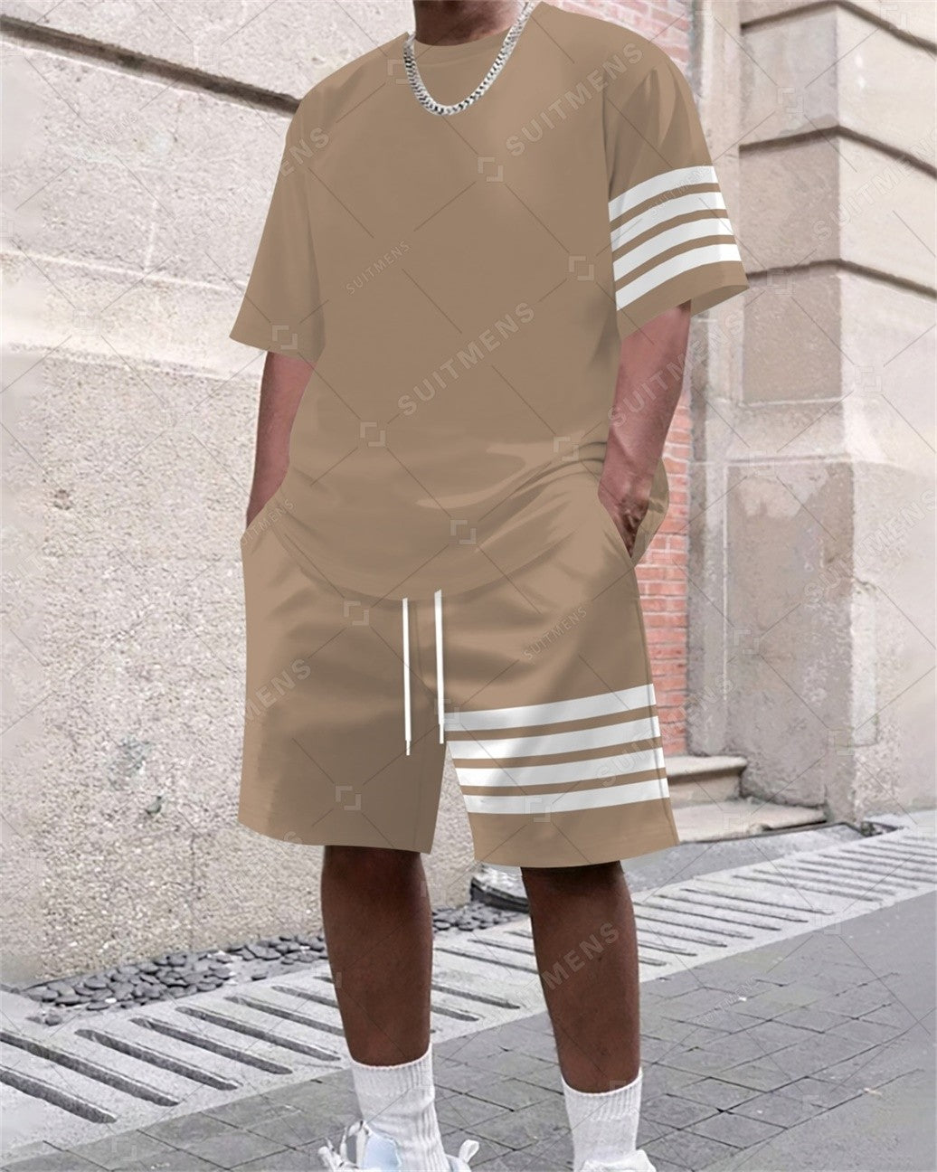 Men's Summer Simple Color Matching Print Round Neck Set 350