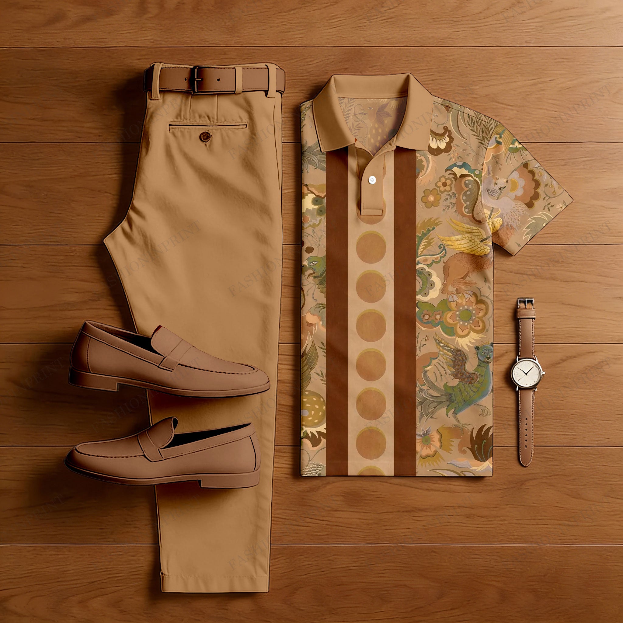 Men's Casual Brown Animals Printed Polo Shirt And Pants Two-Piece Set