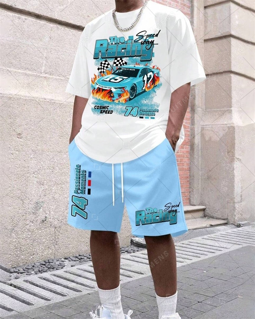 Men's Summer Car Print Round Neck Set 261