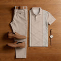 Men's Casual Taupe &White Color Matching Retro Style Printed Short Sleeved Polo Shirt & Trousers Two-Piece Set