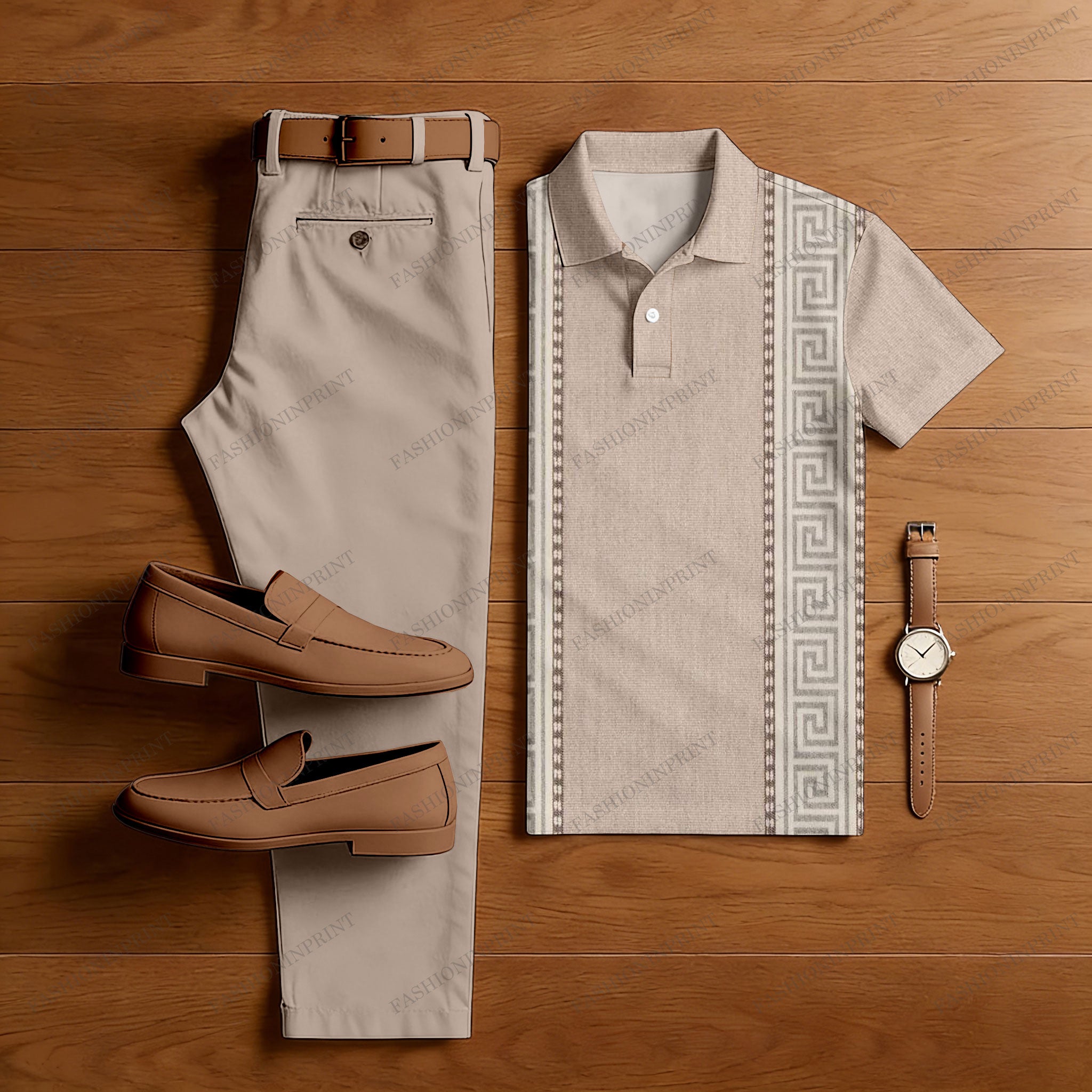 Men's Casual Taupe &White Color Matching Retro Style Printed Short Sleeved Polo Shirt & Trousers Two-Piece Set