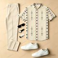 Men's Casual Off White Color-Blocked Printed Crew Neck Short-Sleeved Shirt And Trousers Two-Piece Set