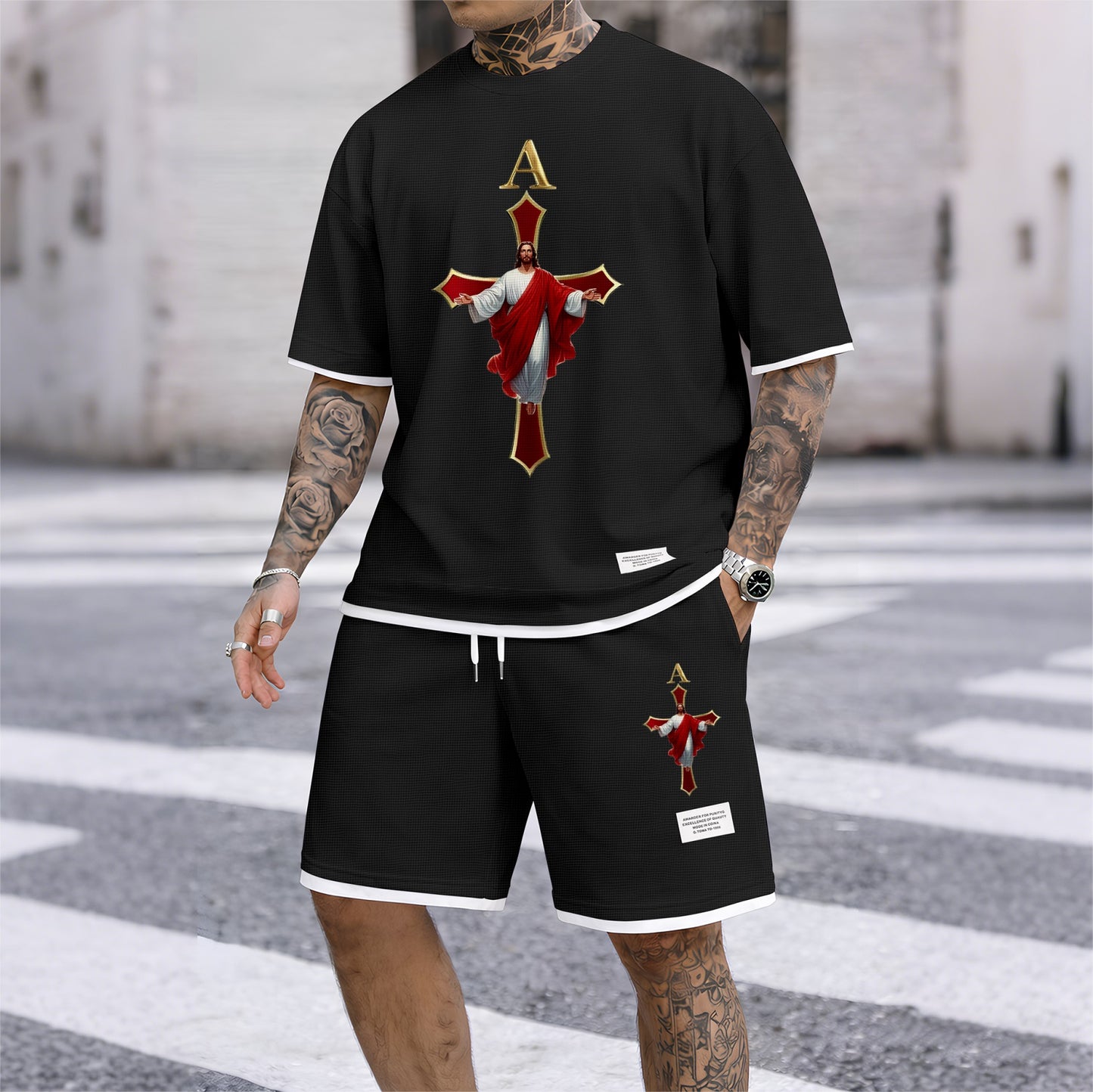 Men's Jesue print drawstring shorts set for spring/summer, a casual summer outfit including a short-sleeved shirt and shorts, suitable for everyday wear and sports. A two-piece set for a relaxed and energetic lifestyle.