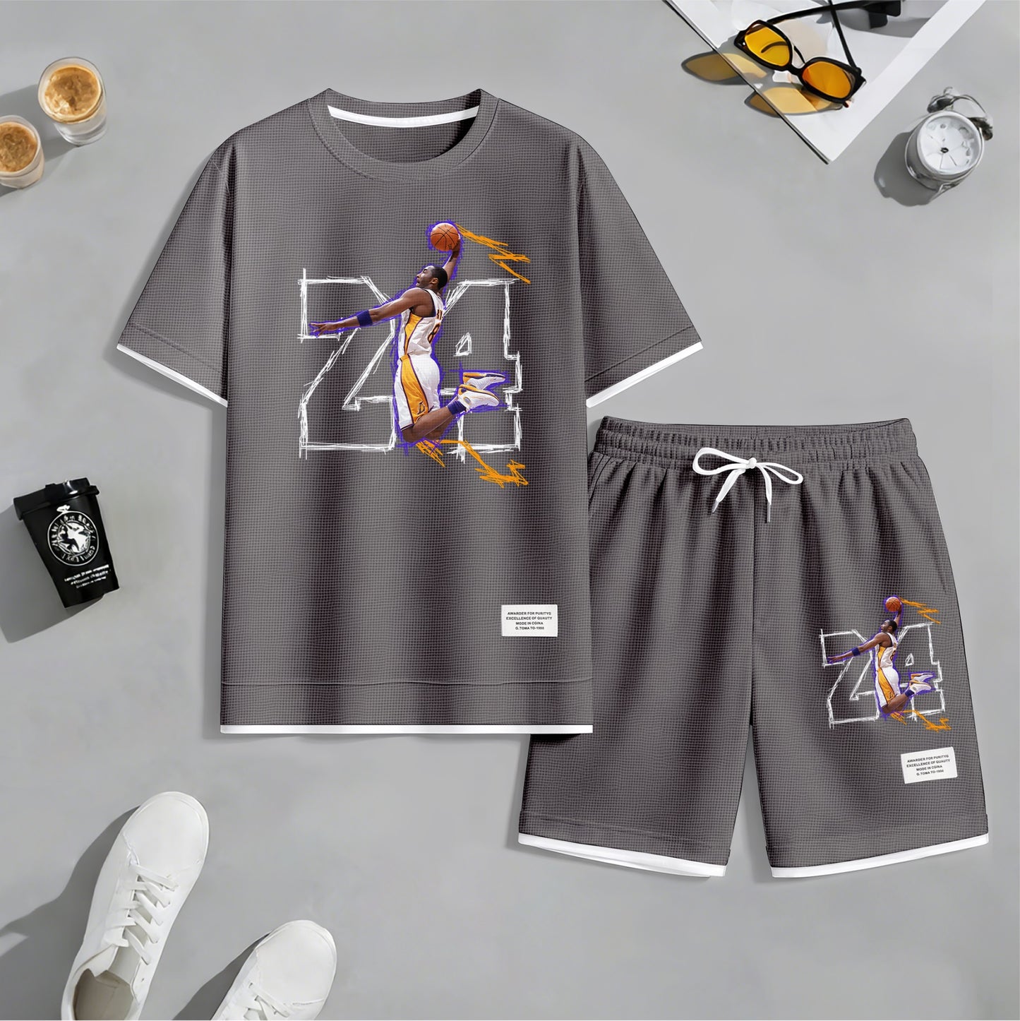 Men's No.24 Basketball Dunk Art Print Short Sleeve T-Shirt & Shorts Set, Summer Lightweight Waffle Sporty Casual Two-Piece Outfit, Streetwear for Basketball, Gym & Daily Wear