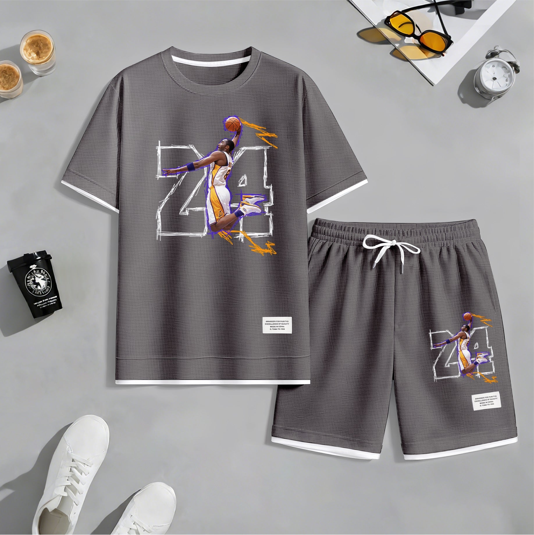 Men's No.24 Basketball Dunk Art Print Short Sleeve T-Shirt & Shorts Set, Summer Lightweight Waffle Sporty Casual Two-Piece Outfit, Streetwear for Basketball, Gym & Daily Wear