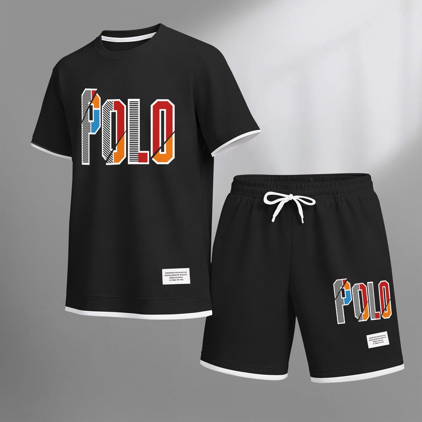 Men's Retro Cool Letter Print Short Sleeve T-Shirt & Shorts Set, Summer Lightweight Waffle Sporty Casual Two-Piece Outfit, Streetwear for Gym & Daily Wear