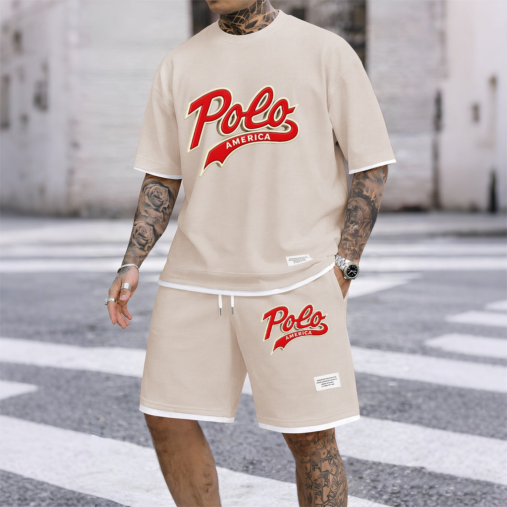 Men's American-style printed drawstring shorts set is ideal for spring and summer. This casual summer outfit includes a short-sleeved shirt and shorts, suitable for everyday wear and athletic activities.