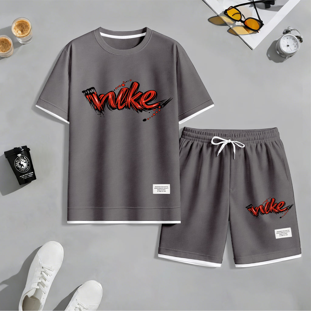 Men's Red Graffiti-Style Art Letter Print Fake Two-Piece Short Sleeve T-Shirt & Shorts Set, Summer Waffle Breathable Sporty Casual Two-Piece Outfit, Streetwear Gym Training Activewear