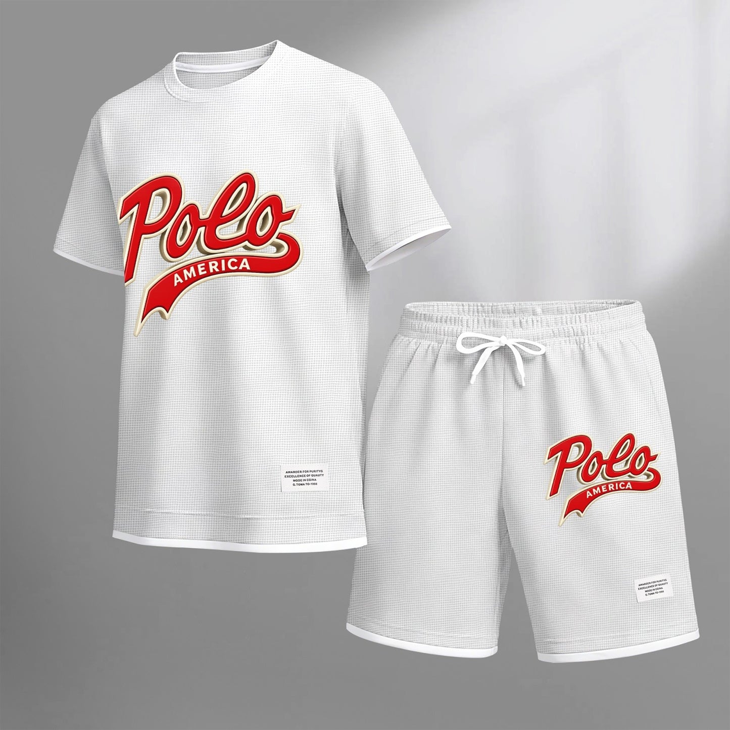 Men's American-style printed drawstring shorts set is ideal for spring and summer. This casual summer outfit includes a short-sleeved shirt and shorts, suitable for everyday wear and athletic activities.