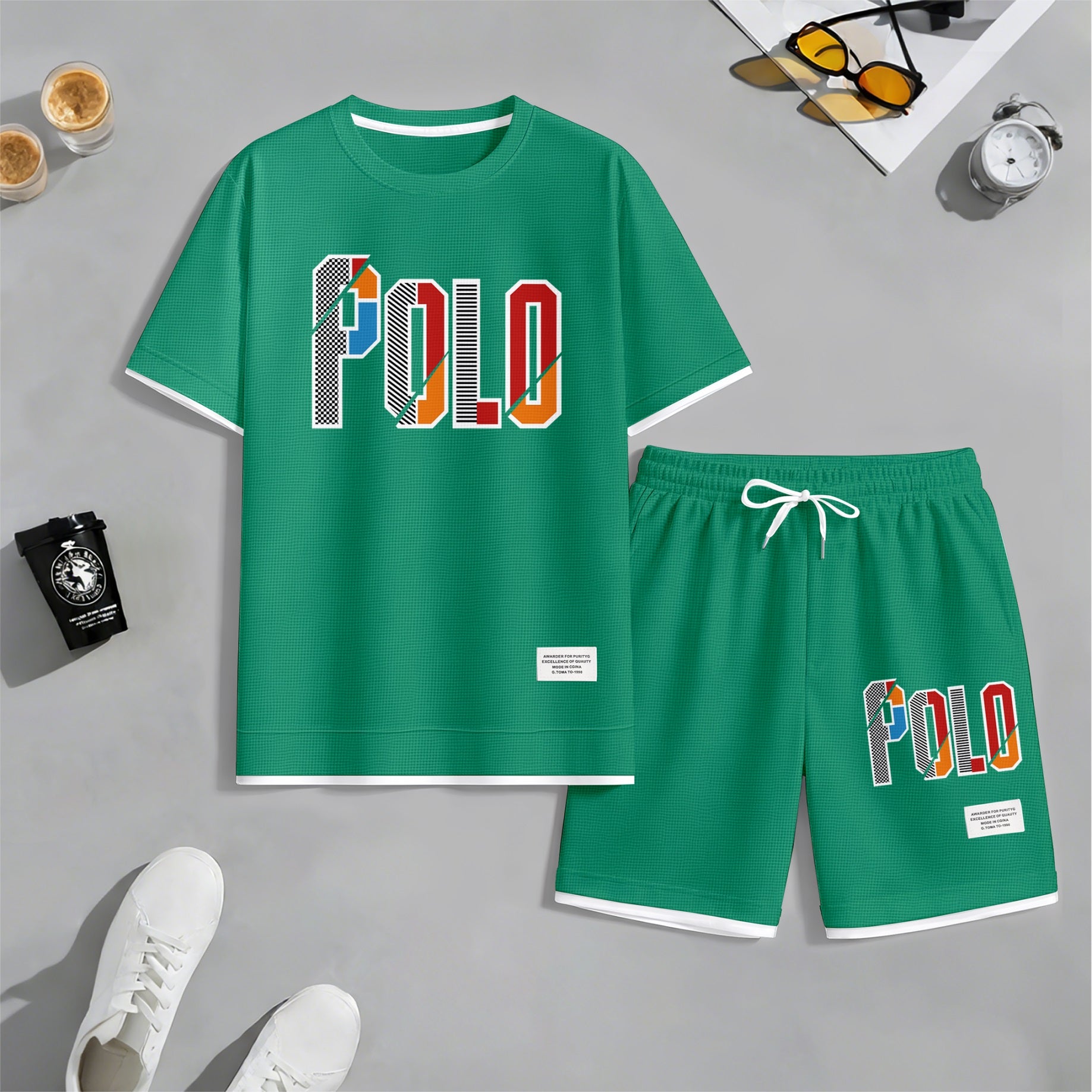 Men's Retro Cool Letter Print Short Sleeve T-Shirt & Shorts Set, Summer Lightweight Waffle Sporty Casual Two-Piece Outfit, Streetwear for Gym & Daily Wear