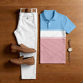Men's Casual Blue & Pink Geometry Printed Polo Shirt And Pants Two-Piece Set