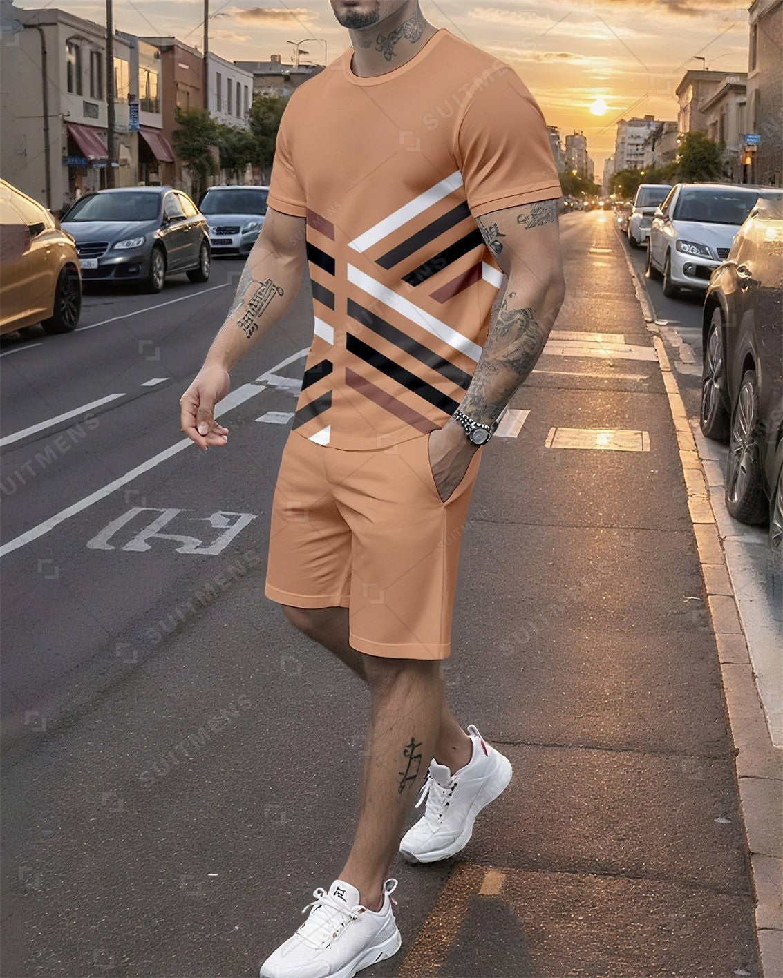 Men's Summer Colorblock Printed Round Neck Set 757