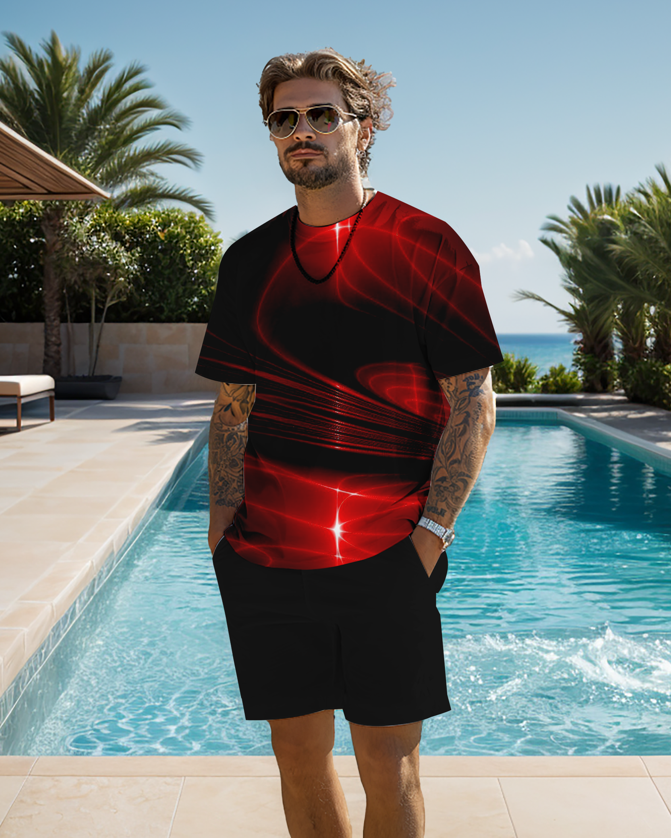 Men's casual gradient printed shorts Set 528