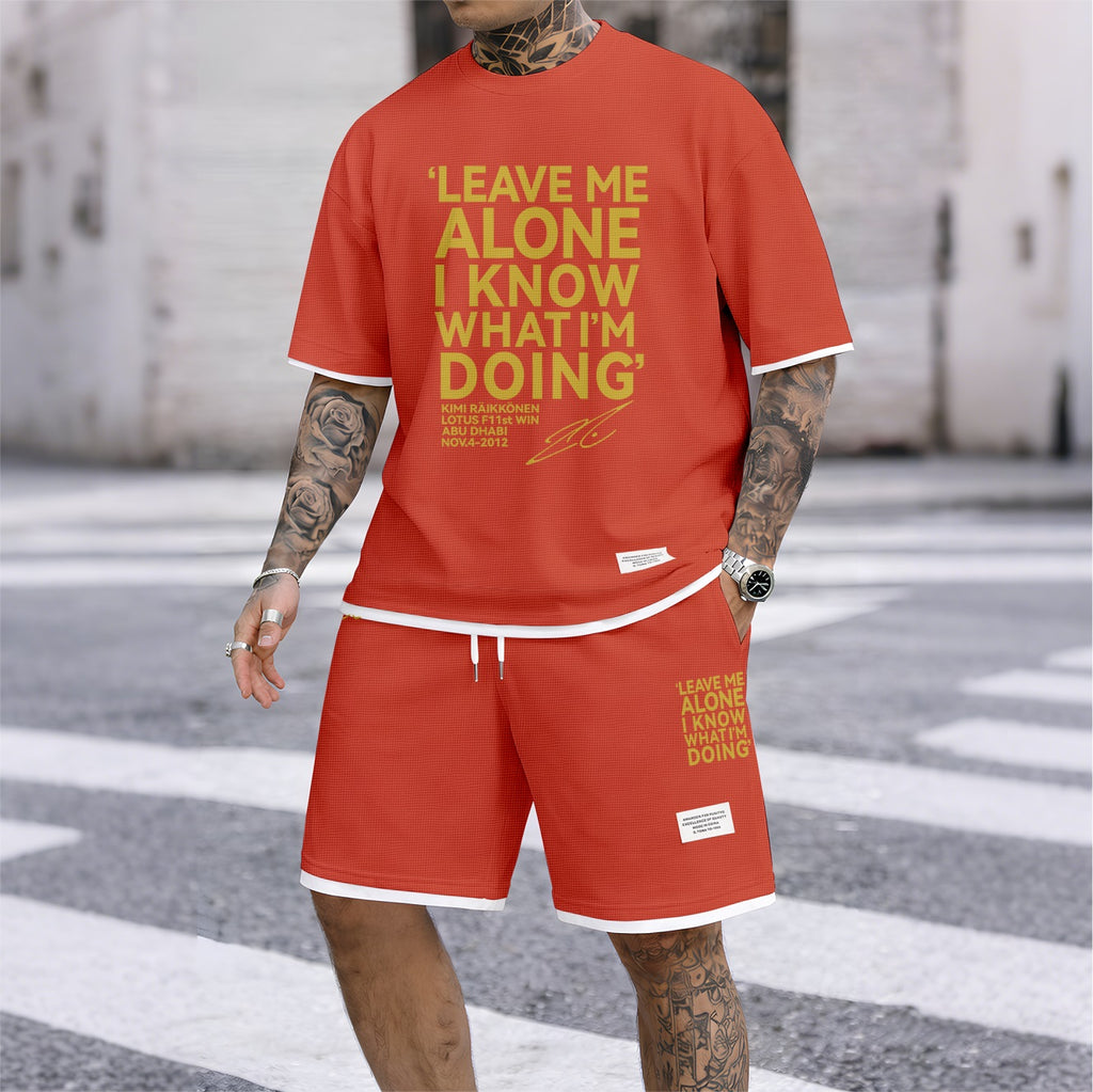 Men's Racing Driver Quotes Print Waffle Fabric Short-Sleeved Shirt And Shorts Set