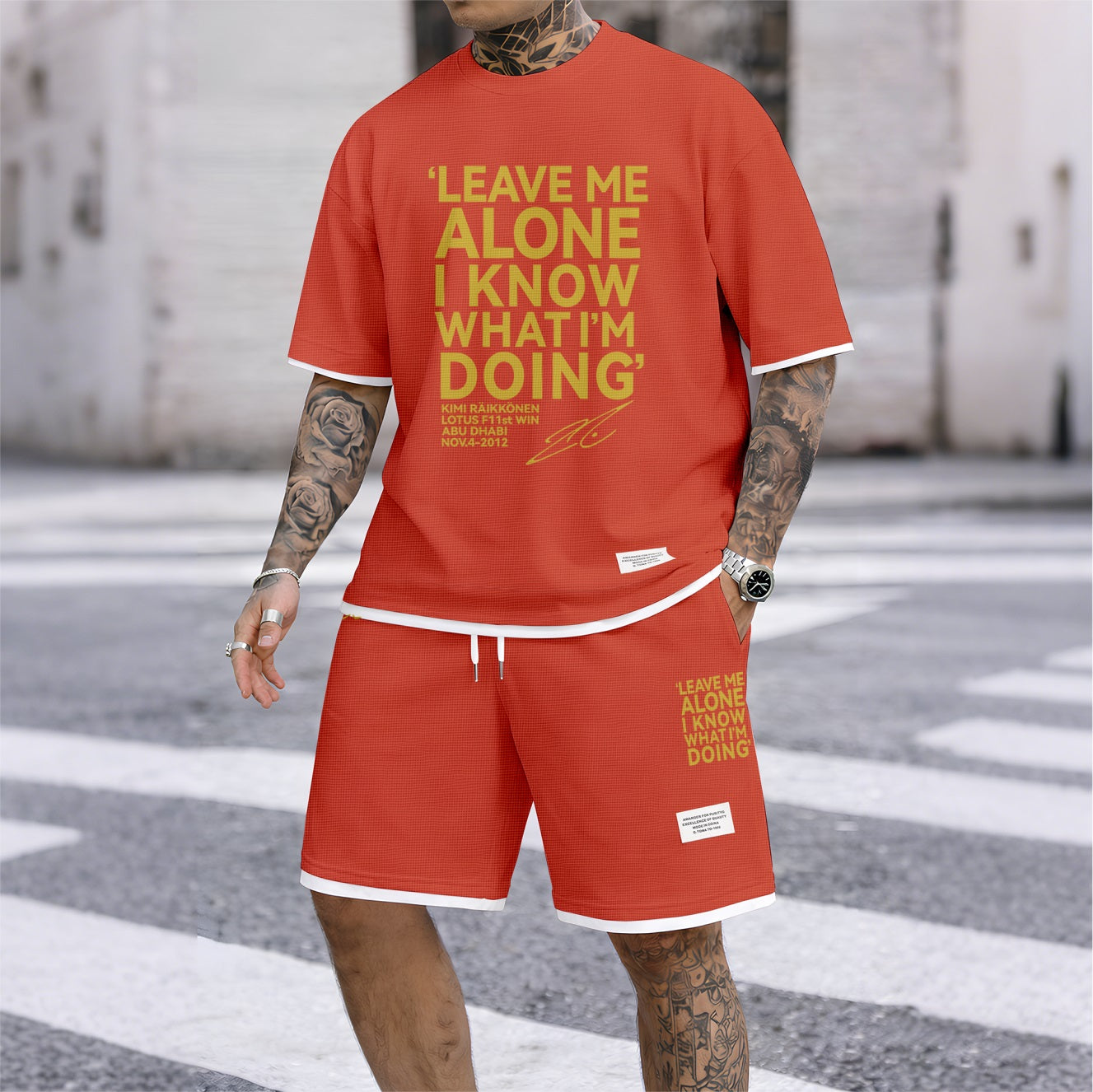 Men's Racing Driver Quotes Print Waffle Fabric Short-Sleeved Shirt And Shorts Set