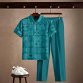 Men's Casual Royal Green Printed Polo Short-Sleeve T-Shirt And Pants Two-Piece Set