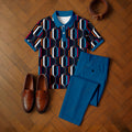 Men's Casual Peacock Blue & Black Color Matching Geometric Checkered Printed Short Sleeved Polo Shirt & Trousers Two-Piece Set