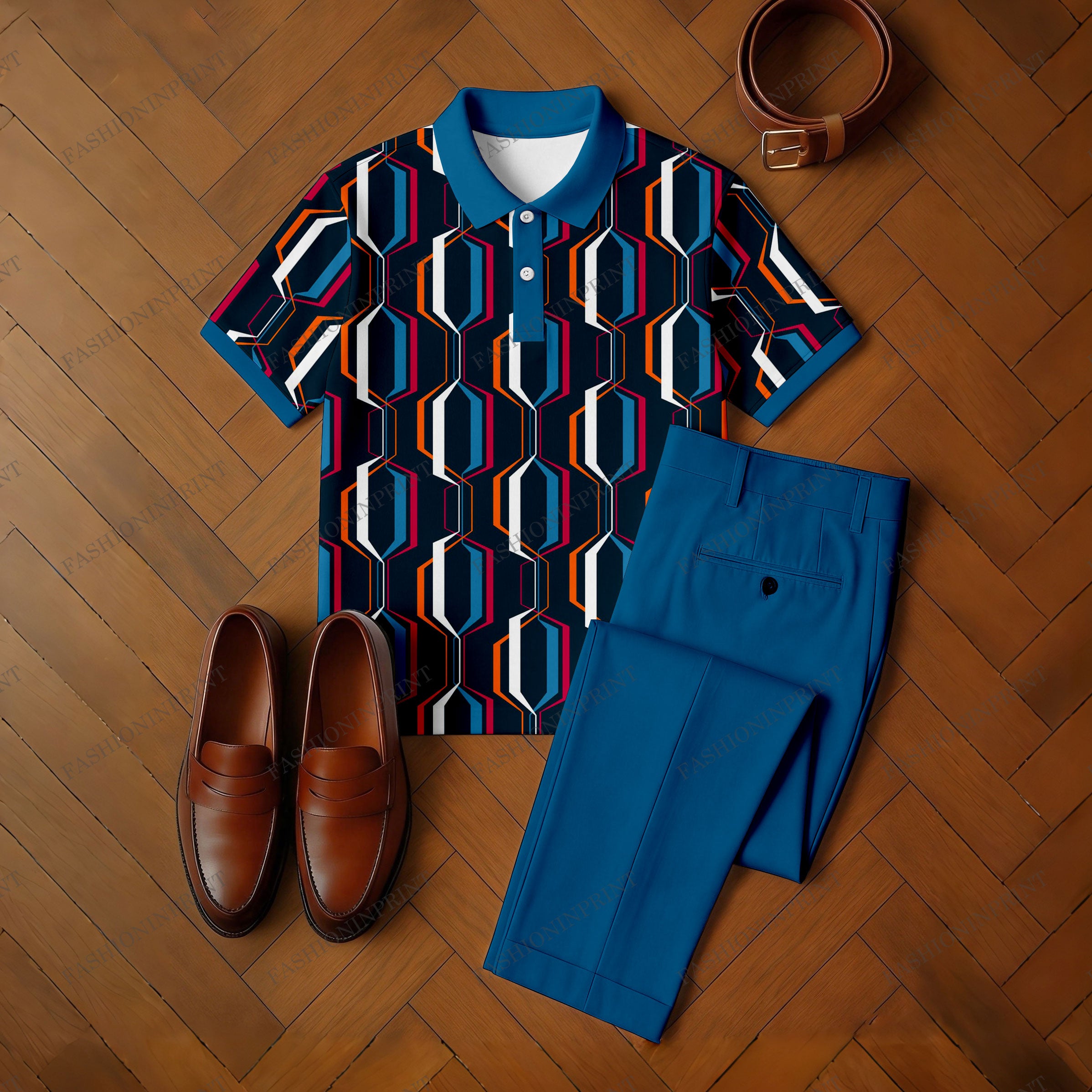 Men's Casual Peacock Blue & Black Color Matching Geometric Checkered Printed Short Sleeved Polo Shirt & Trousers Two-Piece Set