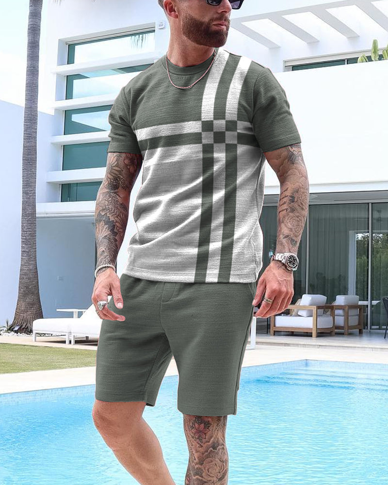 Men's Colorblock Print Shorts Set 35