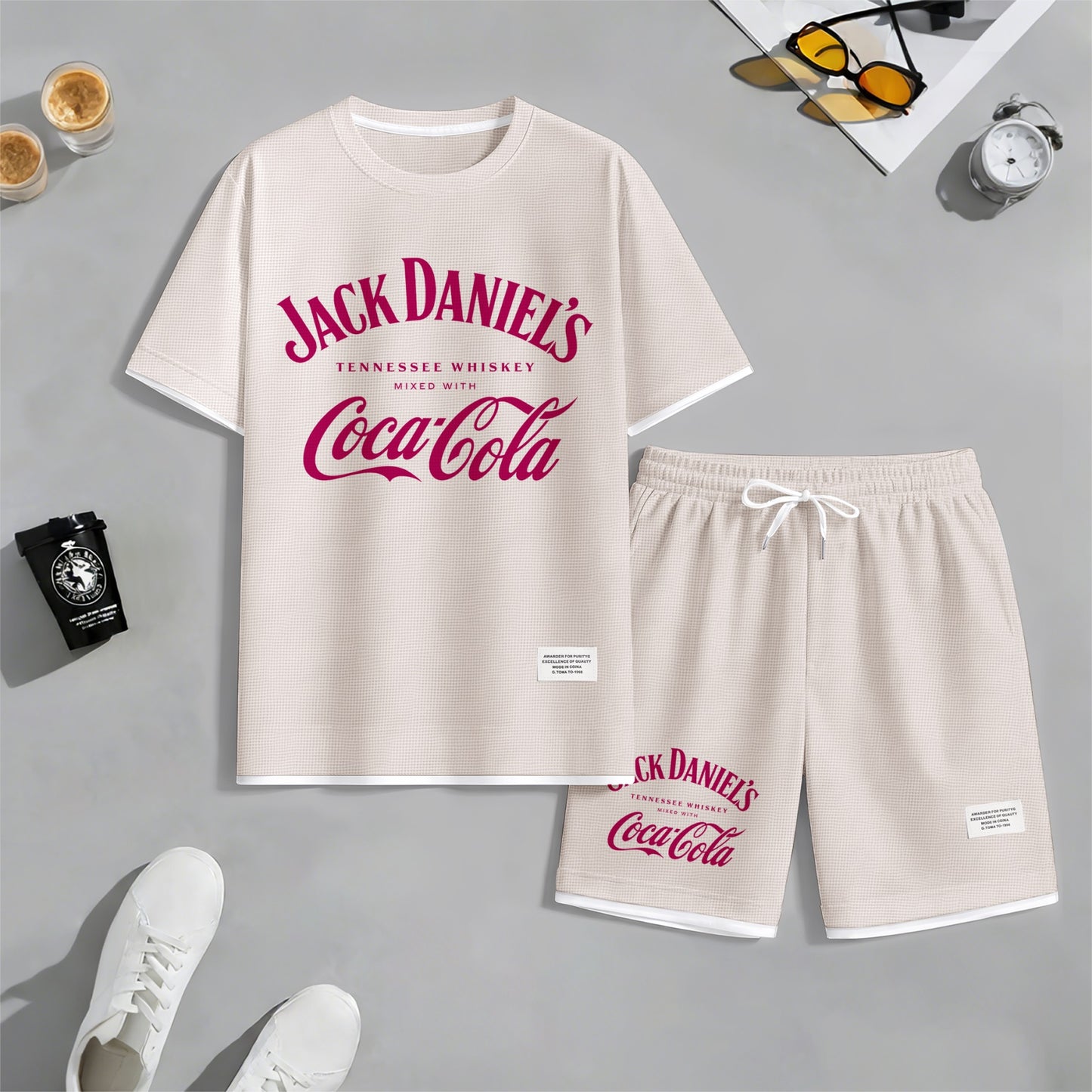 Men's Beer Print Drawstring Shorts Set, Suitable For Spring And Summer Wear, Casual Summer Set, Including Short-Sleeved Shirt And Shorts, Suitable For Everyday Wear And Sports 08
