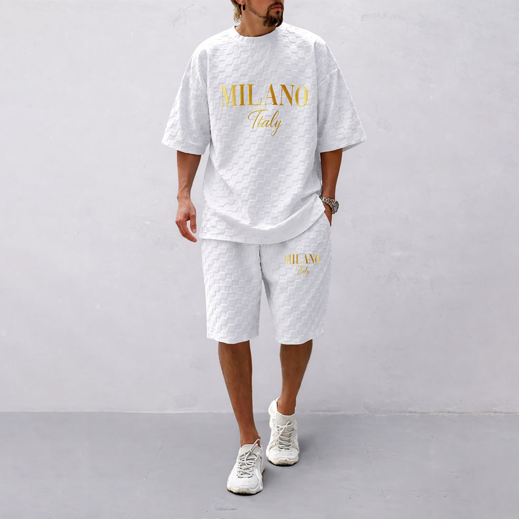 Men's Spring and Summer 'MILANO Italy' Letter Print Checkered Fabric Drawstring Shorts Set, Casual Summer Outfit with Short-Sleeved Shirt and Shorts, Ideal for Everyday Wear and Sports Activities
