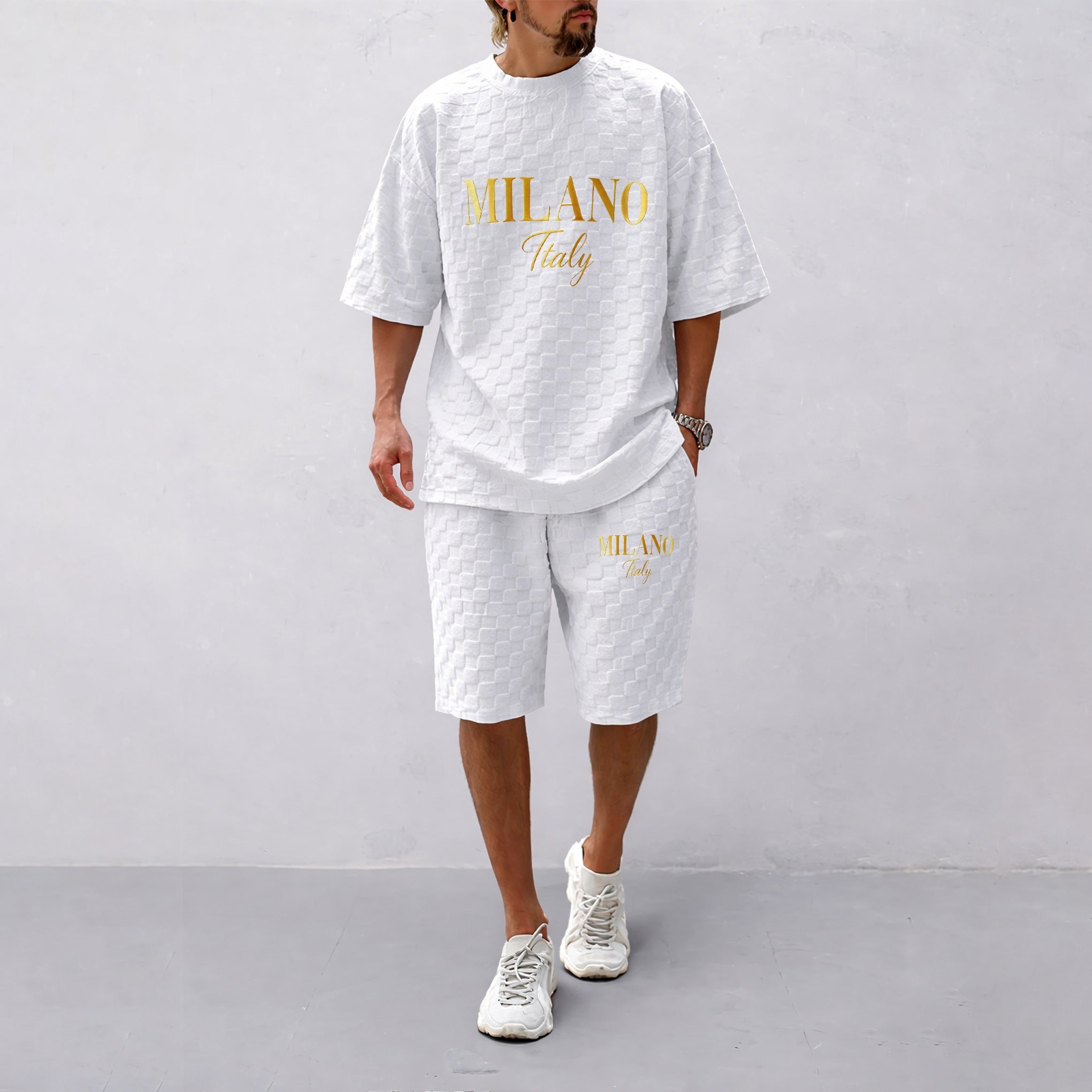 Men's Spring and Summer 'MILANO Italy' Letter Print Checkered Fabric Drawstring Shorts Set, Casual Summer Outfit with Short-Sleeved Shirt and Shorts, Ideal for Everyday Wear and Sports Activities