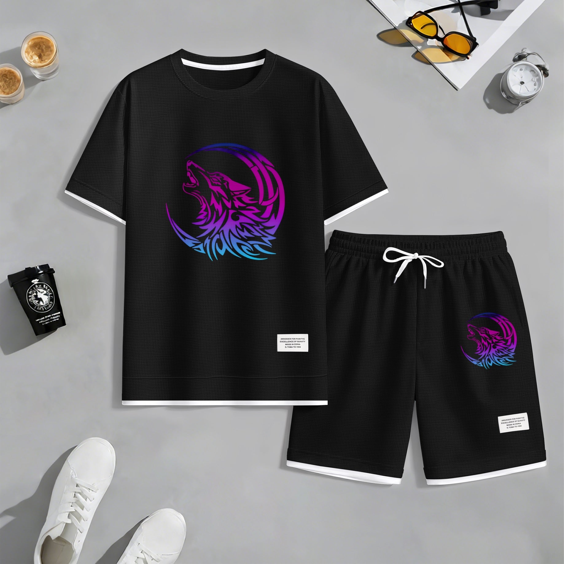 Men's Gradient Wolf & Moon Graphic Print Waffle Short Sleeve T-Shirt & Shorts Set, Summer Lightweight Sporty Casual Two-Piece Outfit, Streetwear for Gym & Daily Wear