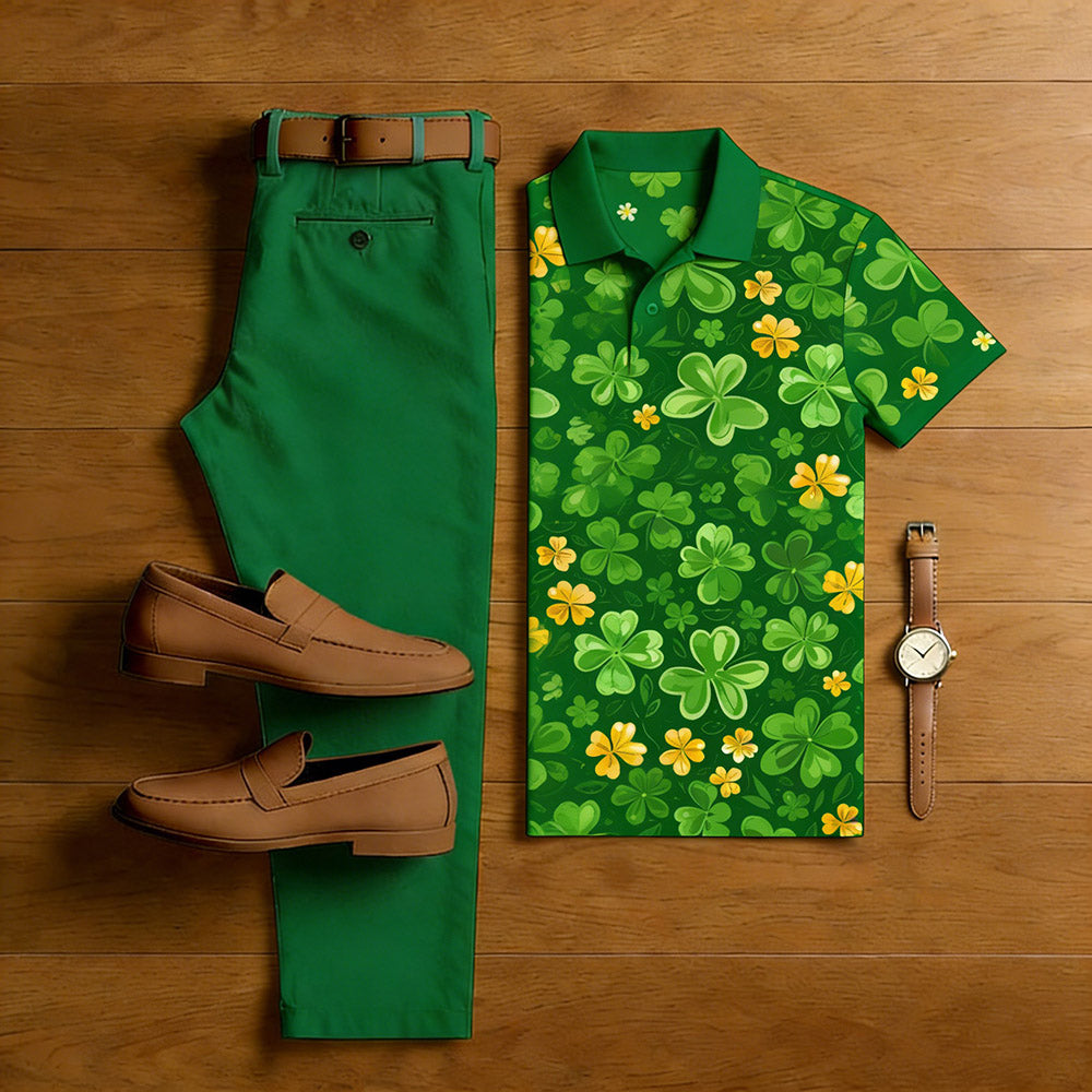 Men's Casual Green Color Matching Short Sleeved Polo Shirt & Trousers Two-Piece Set