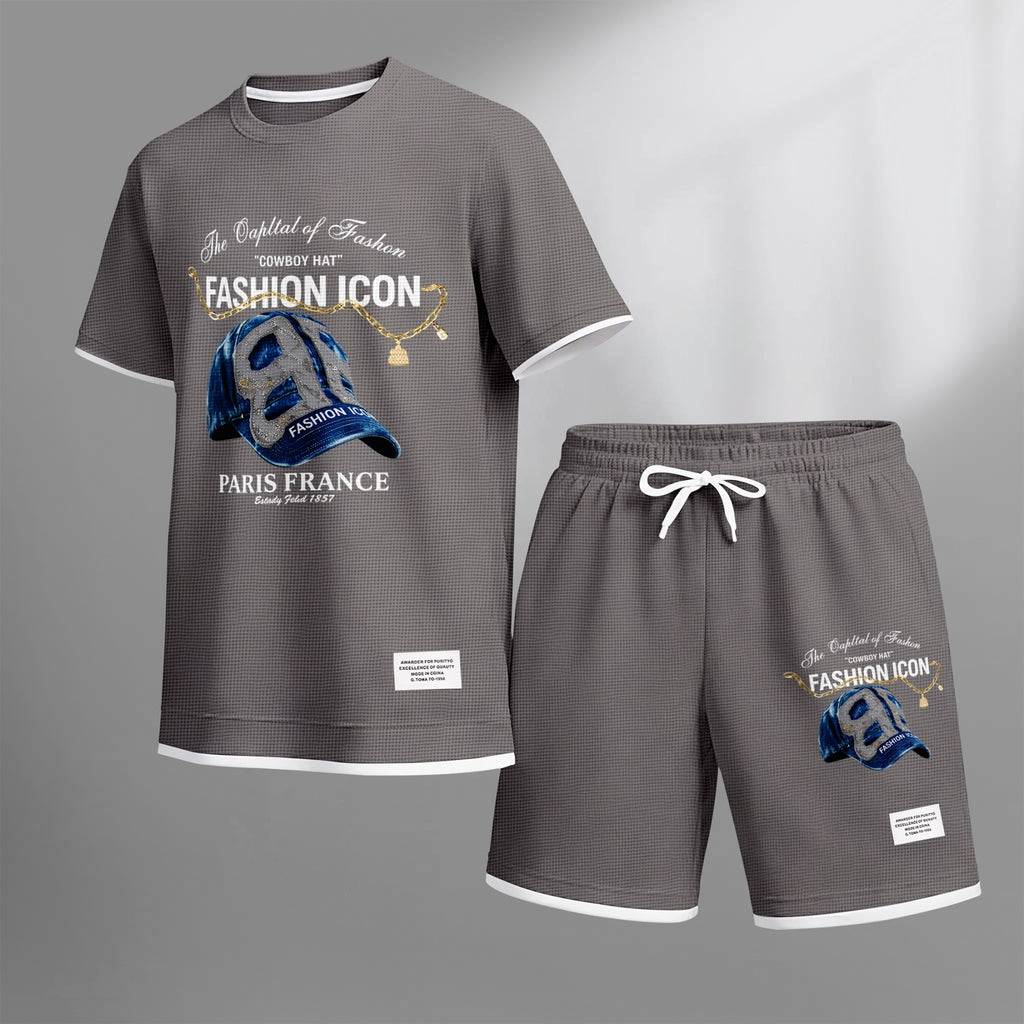 Men's Retro Cool Letter Print Short Sleeve T-Shirt & Shorts Set, Summer Lightweight Waffle Sporty Casual Two-Piece Outfit, Streetwear for Gym & Daily Wear