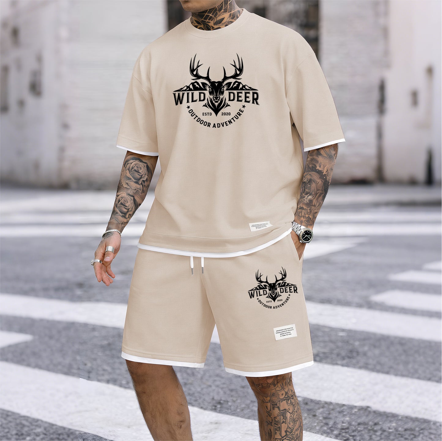 Men's Wild Deer Graphic Print Waffle Short Sleeve T-Shirt & Shorts Set, Summer Lightweight Outdoor Adventure Sporty Casual Two-Piece Outfit, Streetwear for Gym & Daily Wear