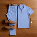 Men's Casual Light Purple Color Short Sleeved Polo Shirt & Trousers Two-Piece Set