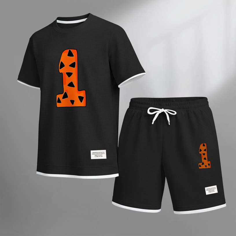Men's Casual Style Number “1” Print Waffle Fabric Short-Sleeved Shirt And Shorts Set
