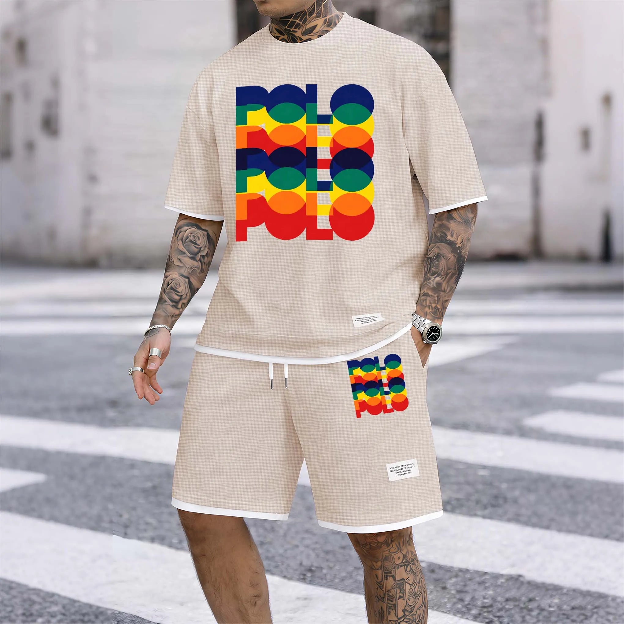 Men's Polo Print Drawstring Shorts Set For Spring/Summer. A Casual Summer Outfit, Including A Short-Sleeved Shirt And Shorts, Suitable For Everyday Wear And Sports. A Two-Piece Set For A Relaxed And Energetic Lifestyle.