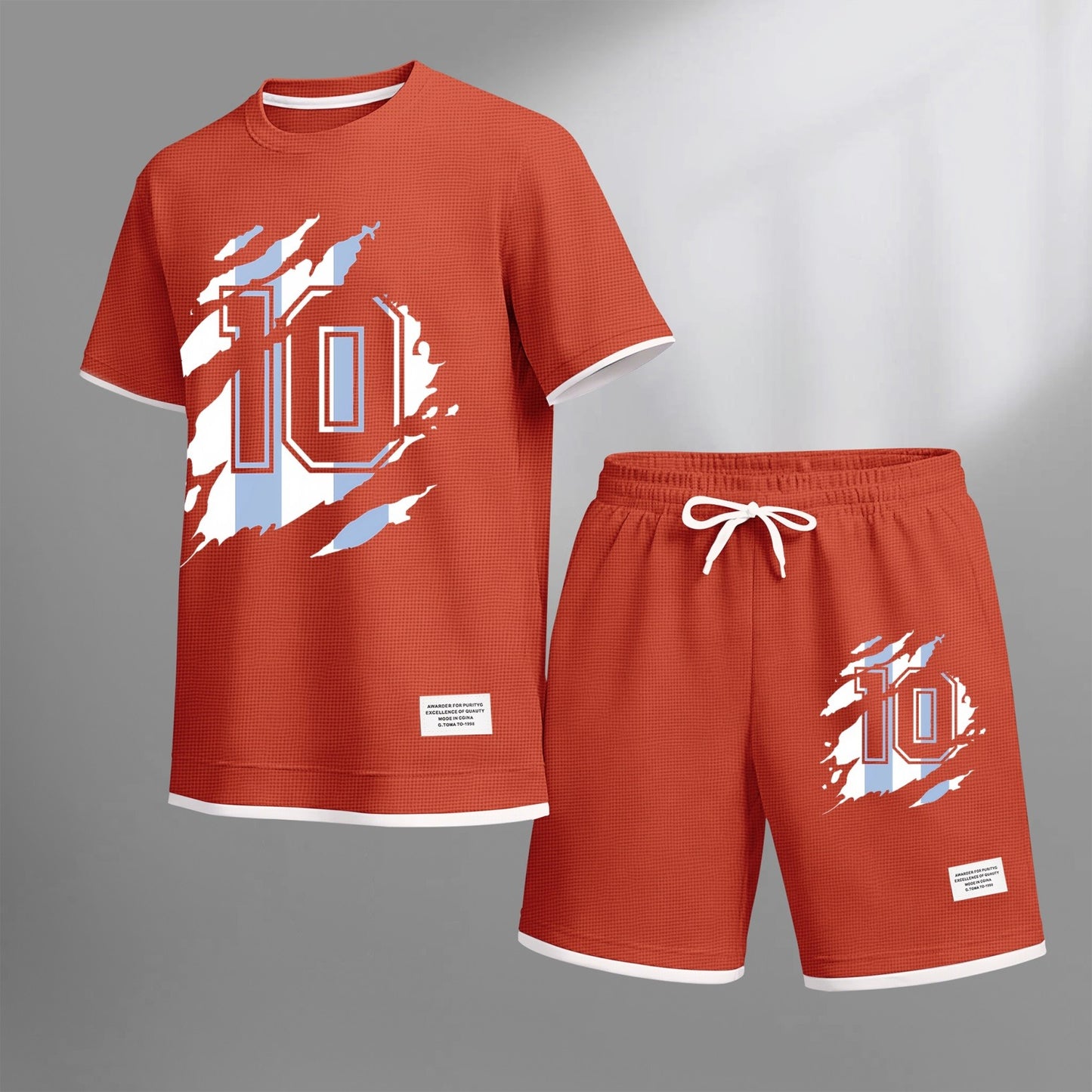 Men's classic number 10 printed drawstring shorts set, suitable for spring and summer wear. This casual summer set includes a short-sleeved shirt and shorts, perfect for everyday wear and sports.