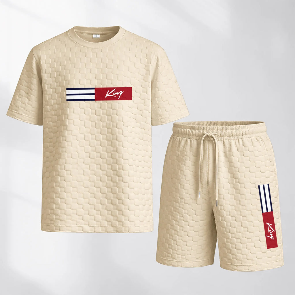 Men's Spring and Summer 'King' Letter Print Checkered Fabric Drawstring Shorts Set, Casual Summer Outfit with Short-Sleeved Shirt and Shorts, Ideal for Everyday Wear and Sports Activities